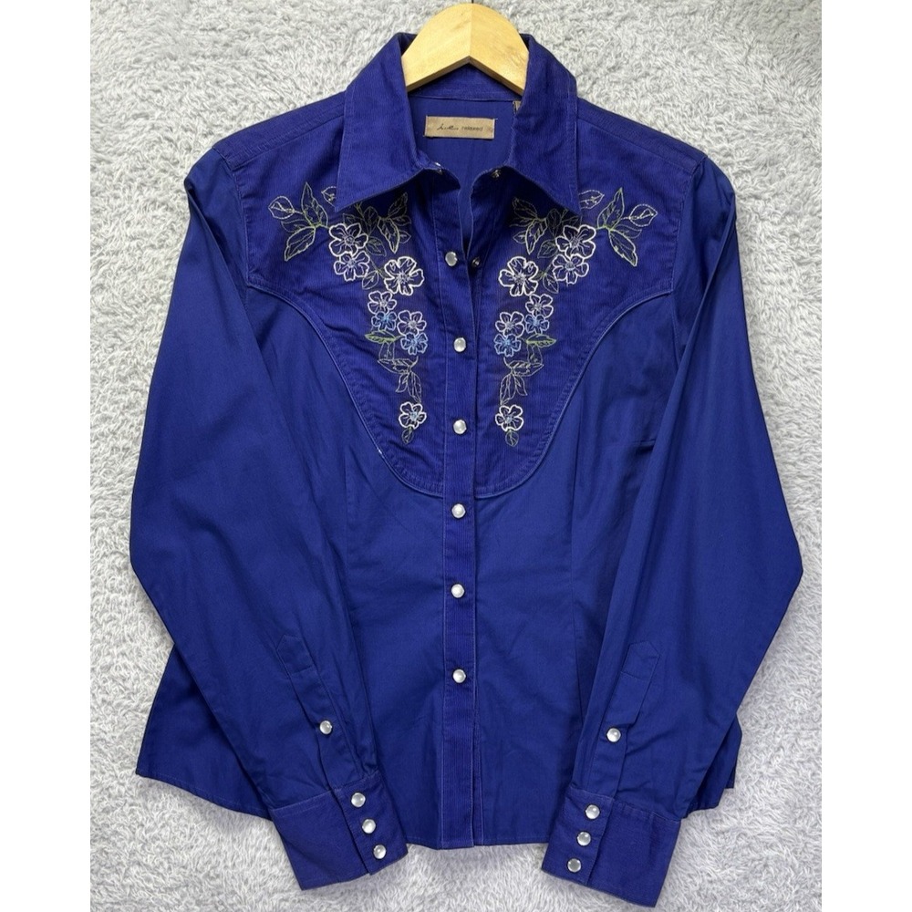 NEW VTG Womens 10 Corduroy Western Shirt Blue Pearl Snap Embroidered 90s